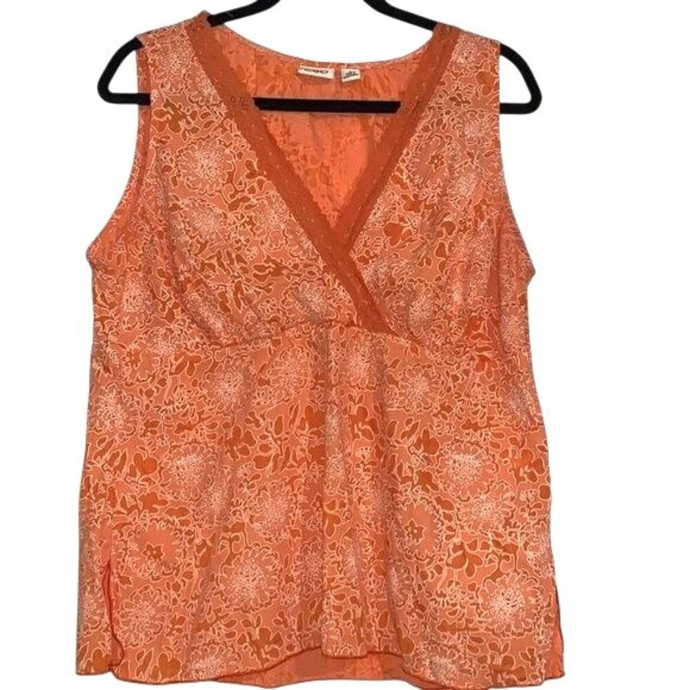 Cato Orange Floral Sleeveless Blouse With Lace Trim Womens L Polyester